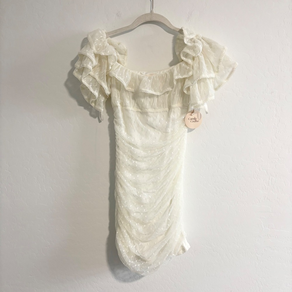 Camila Coelho Eva White Ruched Mini Dress Ruffle‎ Sleeve  Mesh Small NEW - Picture 7 of 8